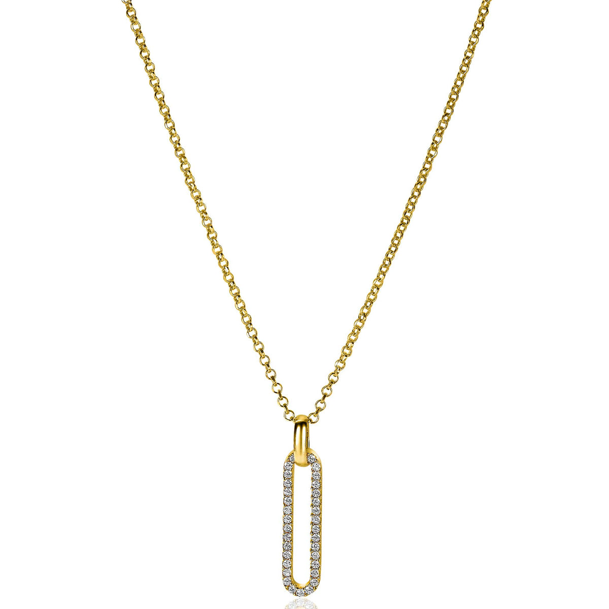 Collar dorado con colgante en forma de clip adornado con piedras brillantes.
