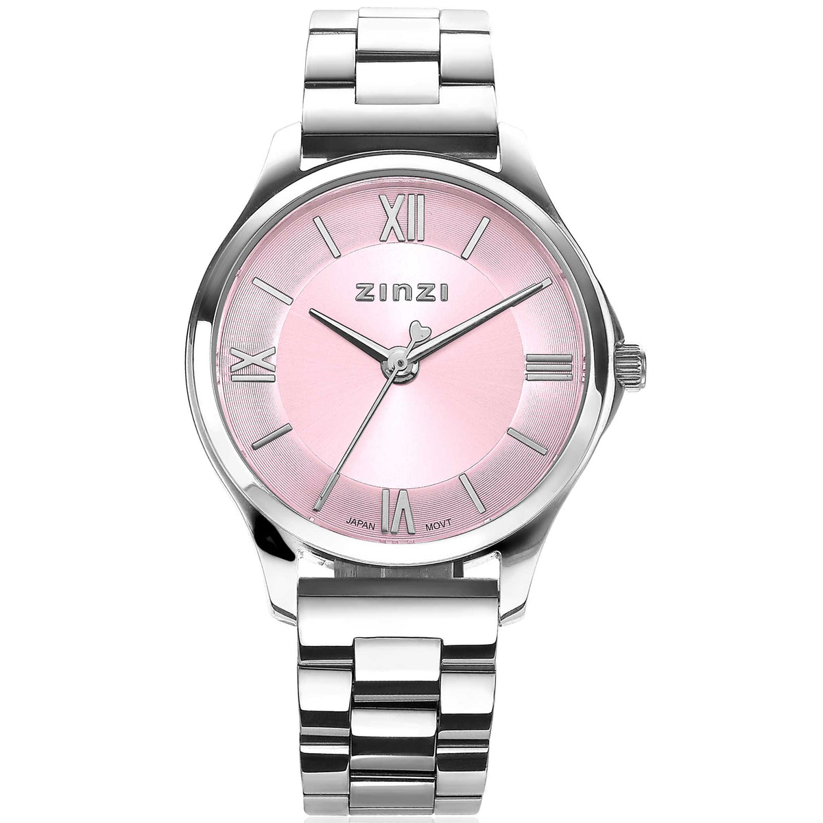 Reloj de acero color plateado con esfera rosa y números romanos.