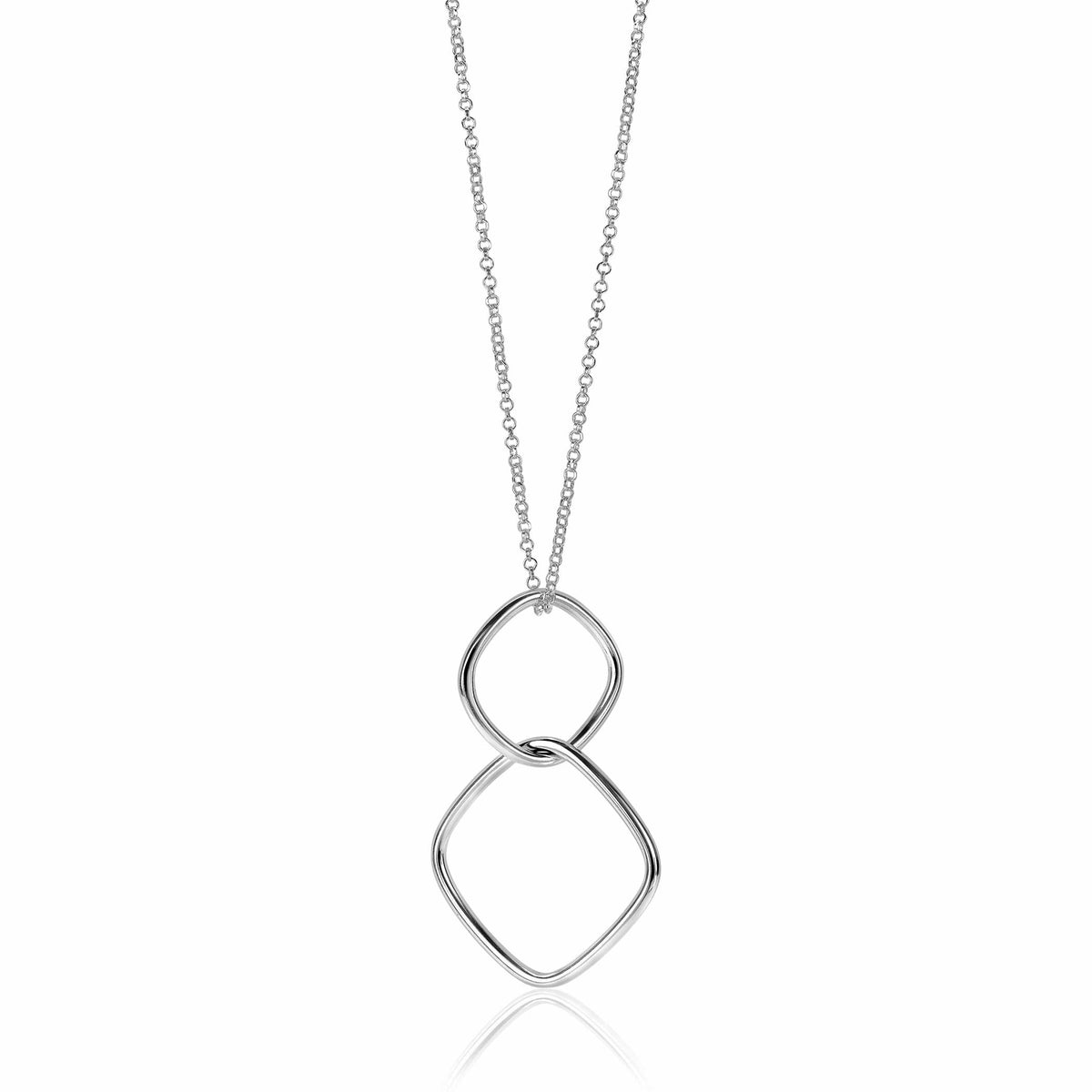 Collar de plata con colgante en forma de dos óvalos entrelazados.
