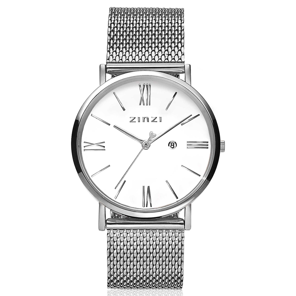 Reloj de acero color plateado con esfera blanca y correa de malla.