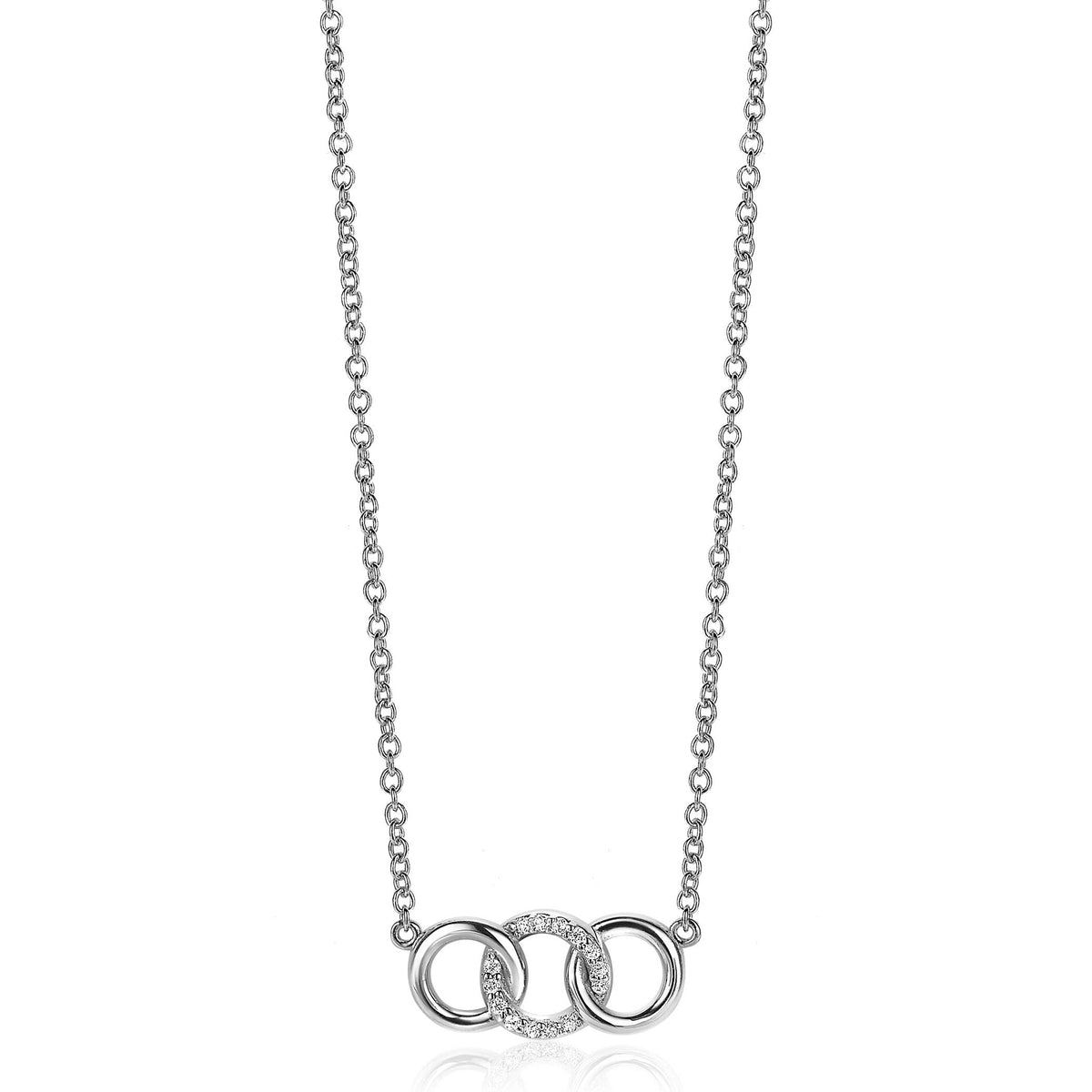 Collar de plata con tres aros entrelazados, uno de ellos adornado con piedras brillantes.