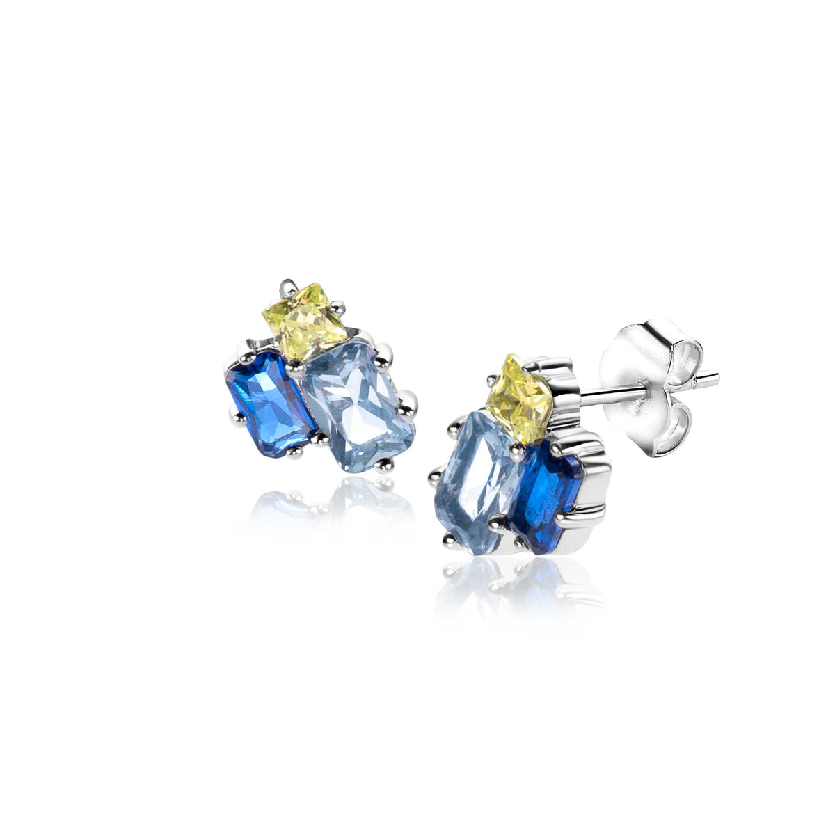 Pendientes de plata con piedras preciosas azules y amarillas en forma rectangular.