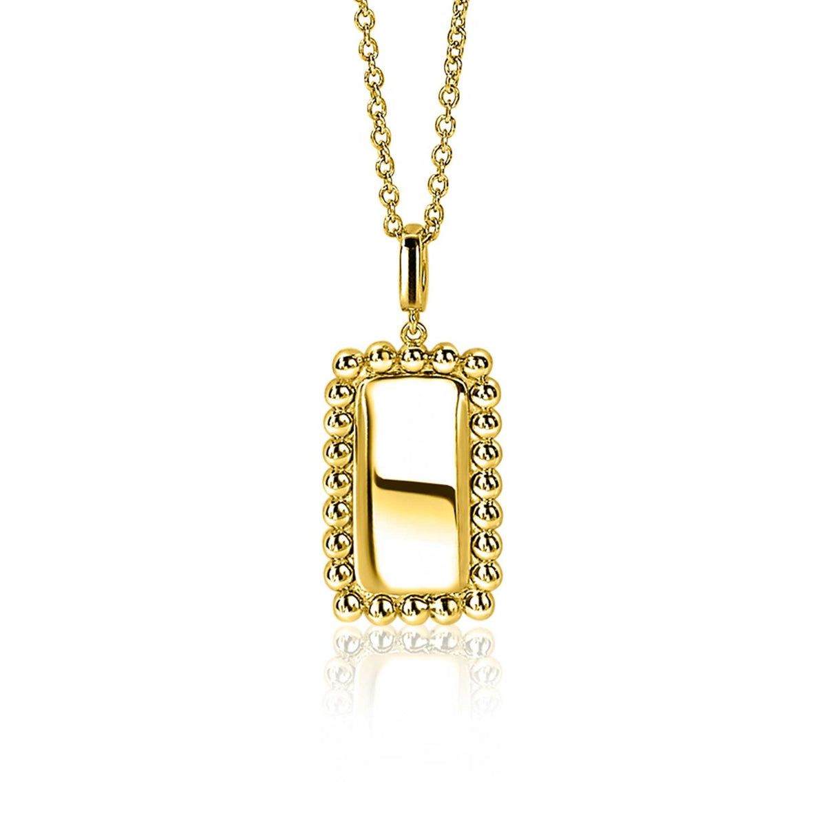 Colgante dorado con forma rectangular y borde de bolitas, suspendido de una cadena.