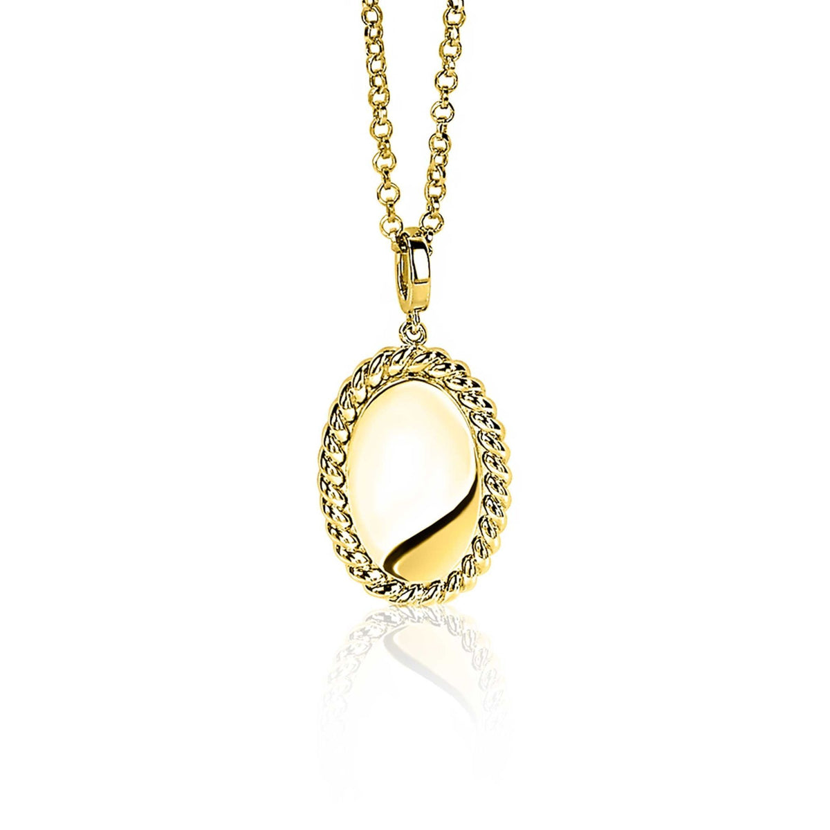 Colgante dorado con cadena, forma ovalada y detalle de cadena en el borde.