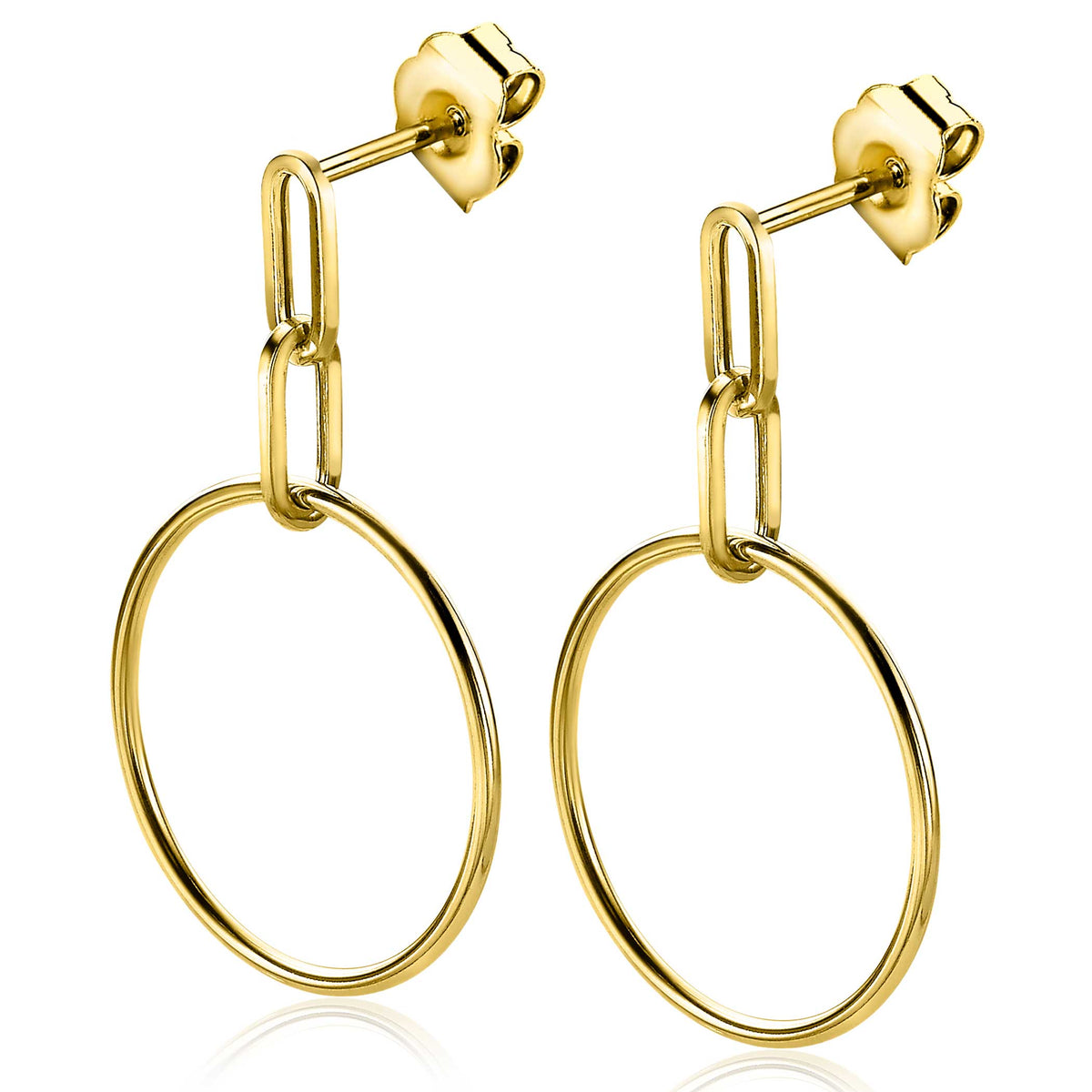Pendientes de aro dorados con un diseño de cadena y cierre de presión.