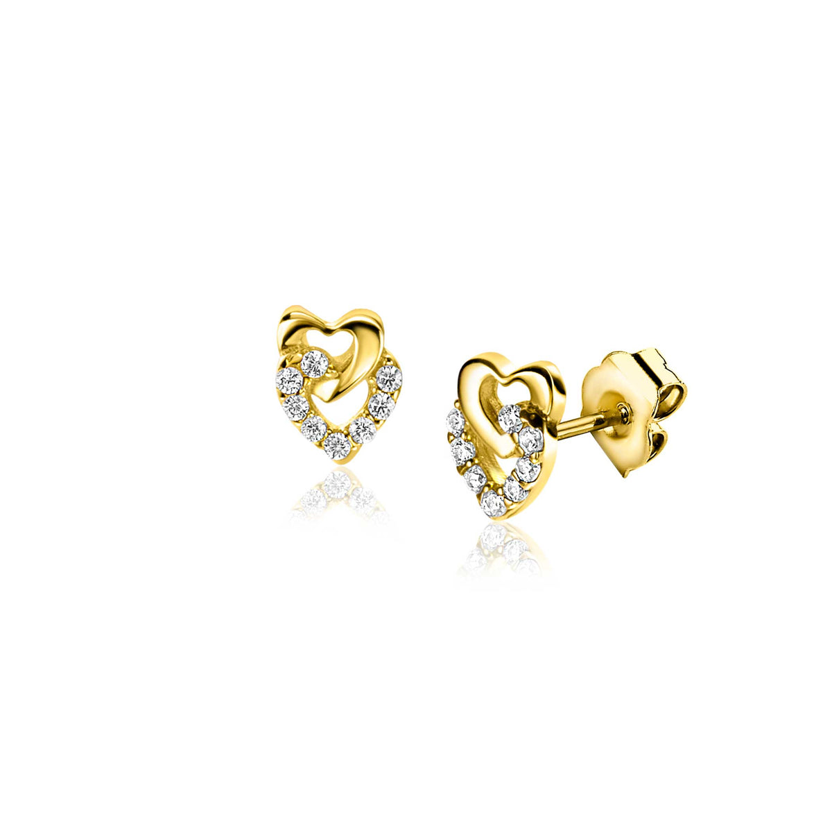 Pendientes de oro en forma de corazón con circonitas brillantes.