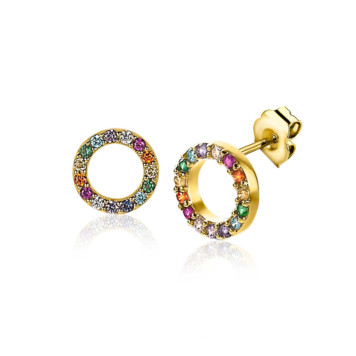Pendientes de aro chapados en oro con piedras de colores brillantes.