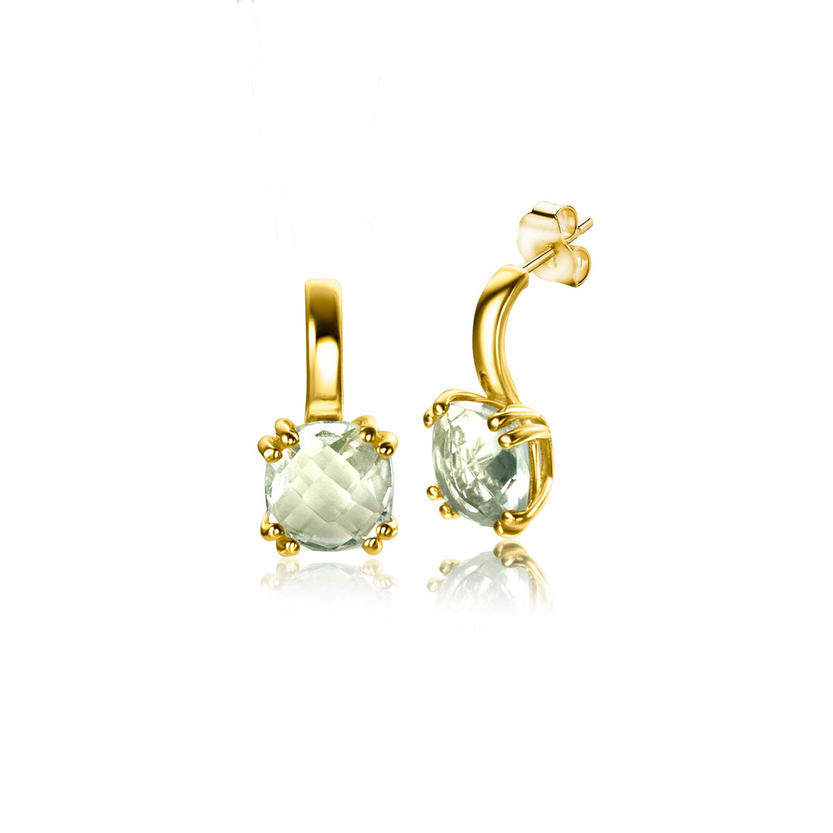 Pendientes de oro con piedra cuadrada verde y cierre de presión.