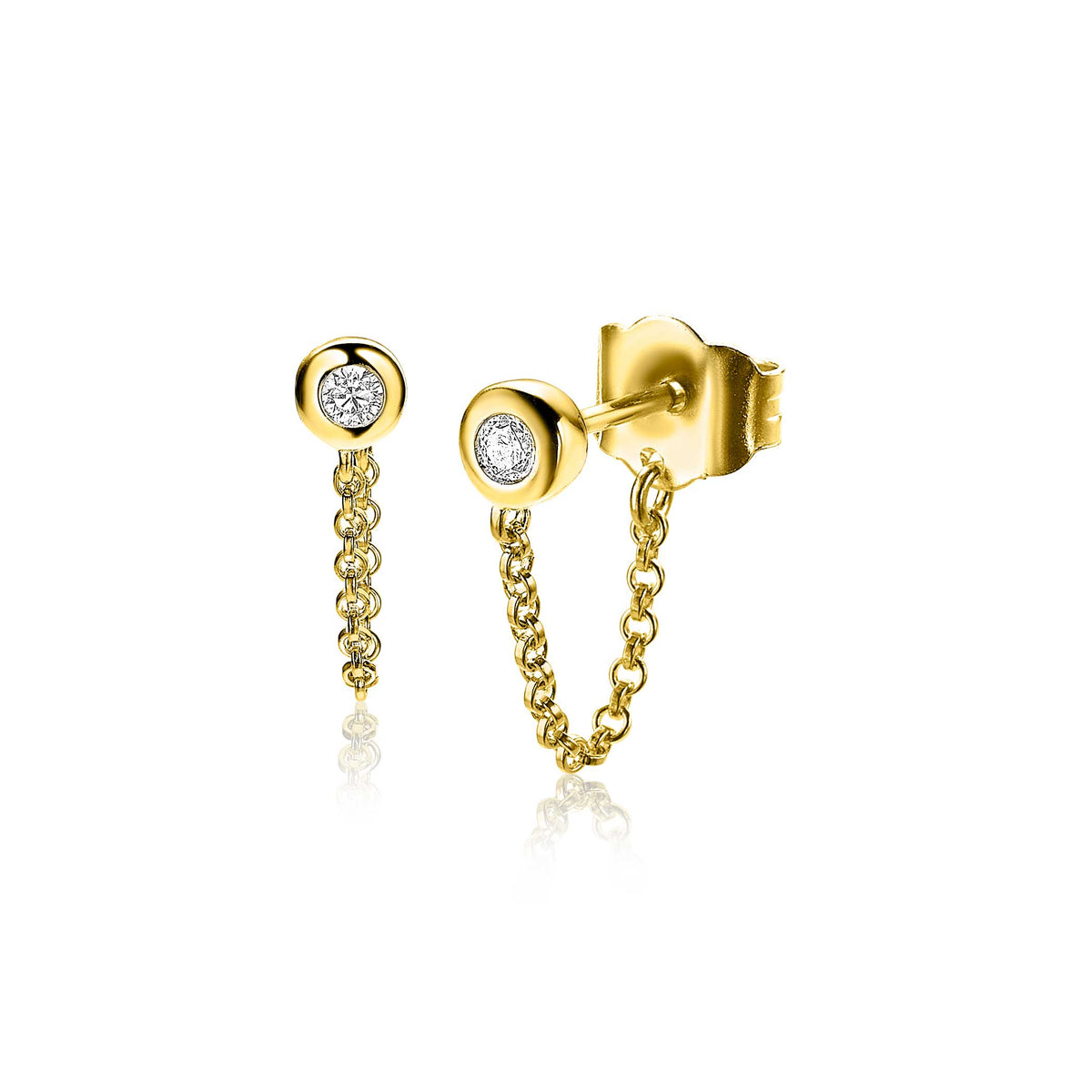 Pendientes de oro con cadena y detalle de circonitas.