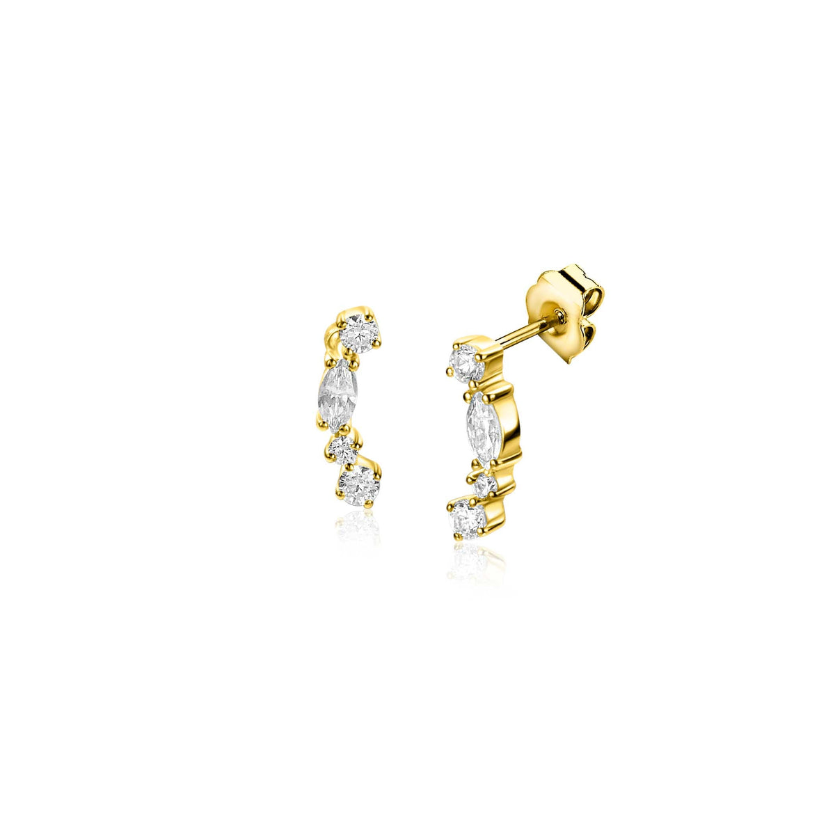 Pendientes de oro con cristales brillantes en forma de gota y círculo.