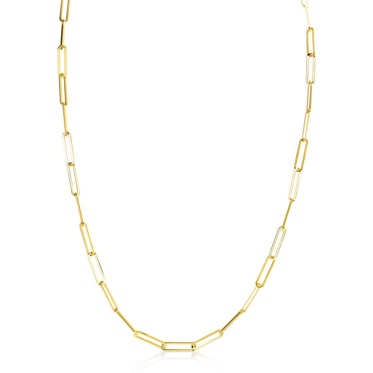 Collar dorado con eslabones rectangulares y detalles en blanco.