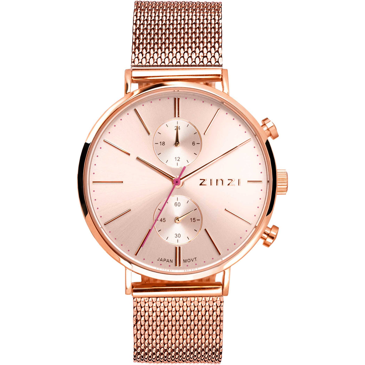 Reloj de acero inoxidable color rosado con esfera dorada y malla metálica.