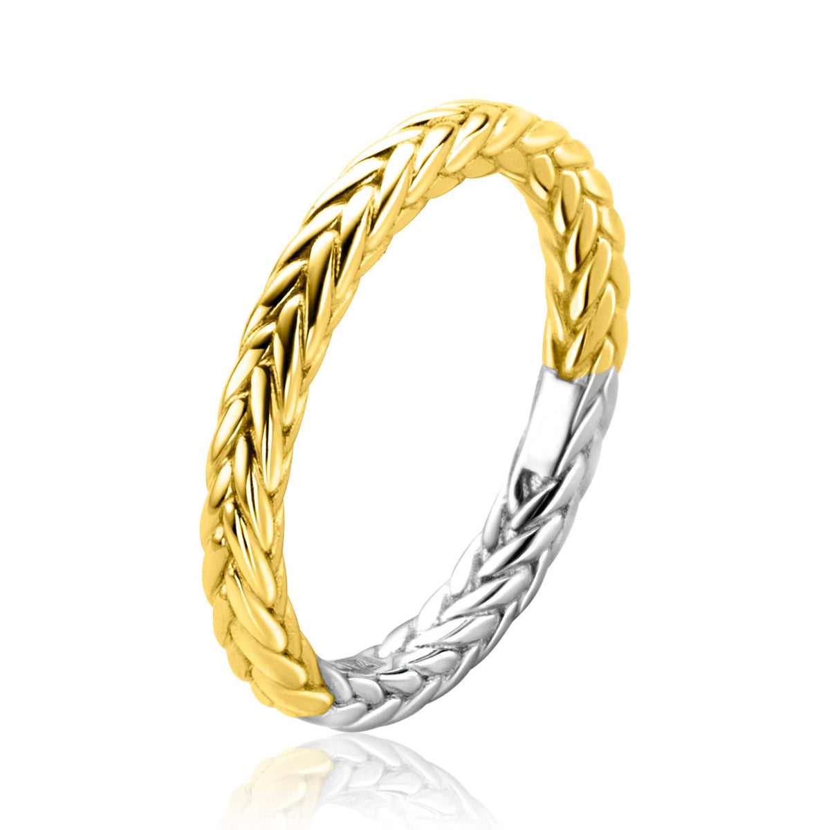 Anillo trenzado en dos tonos, dorado y plateado, con acabado brillante.