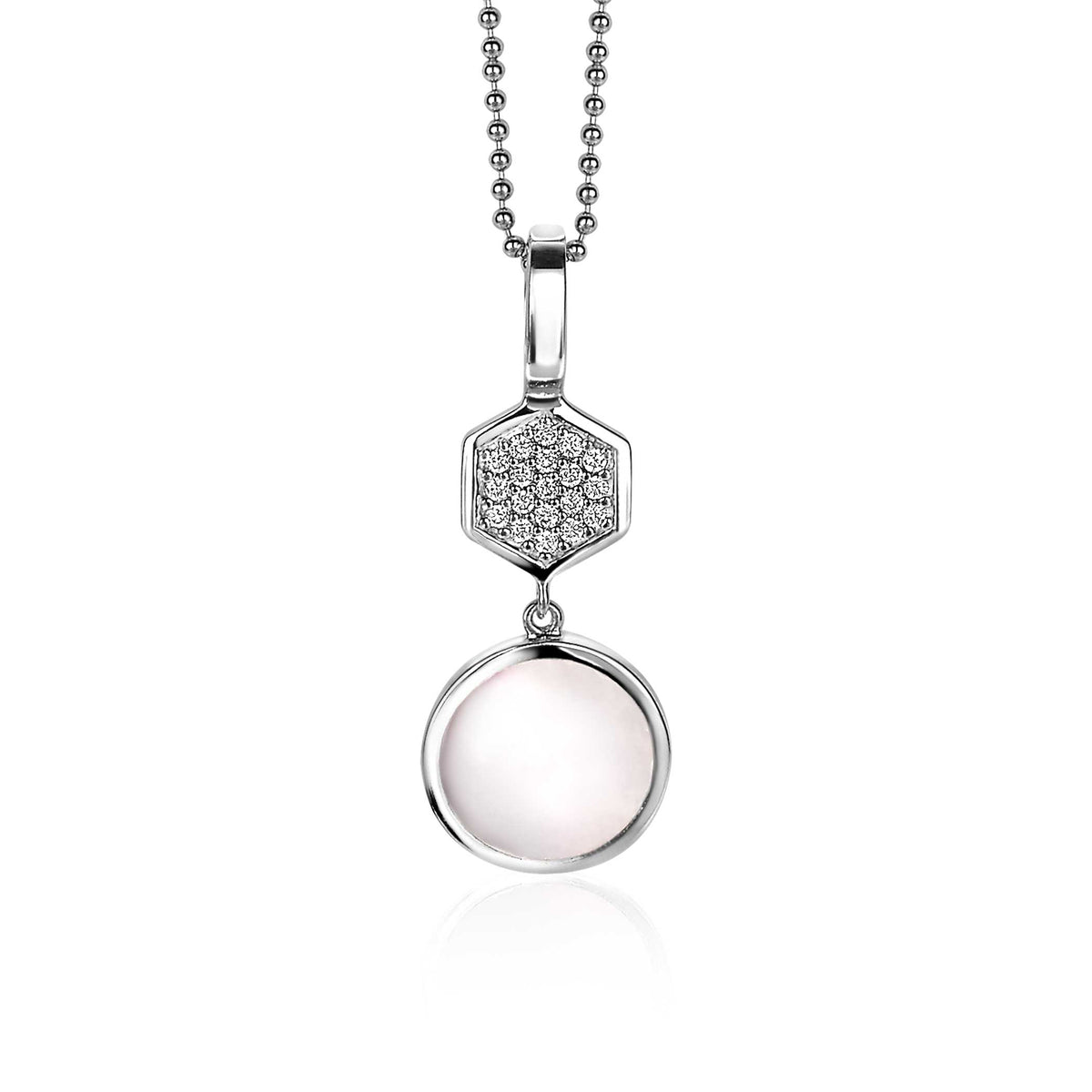 Colgante de plata con forma hexagonal y esfera rosa, decorado con pequeños brillantes.