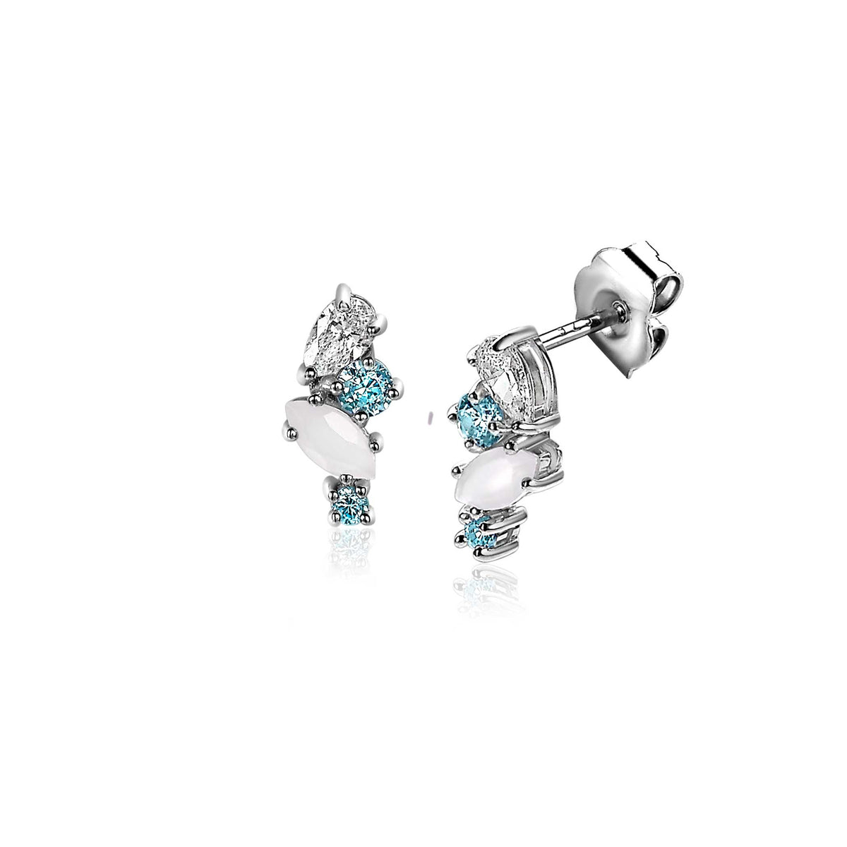 Pendientes de plata con piedras azules y blancas en forma de hojas.