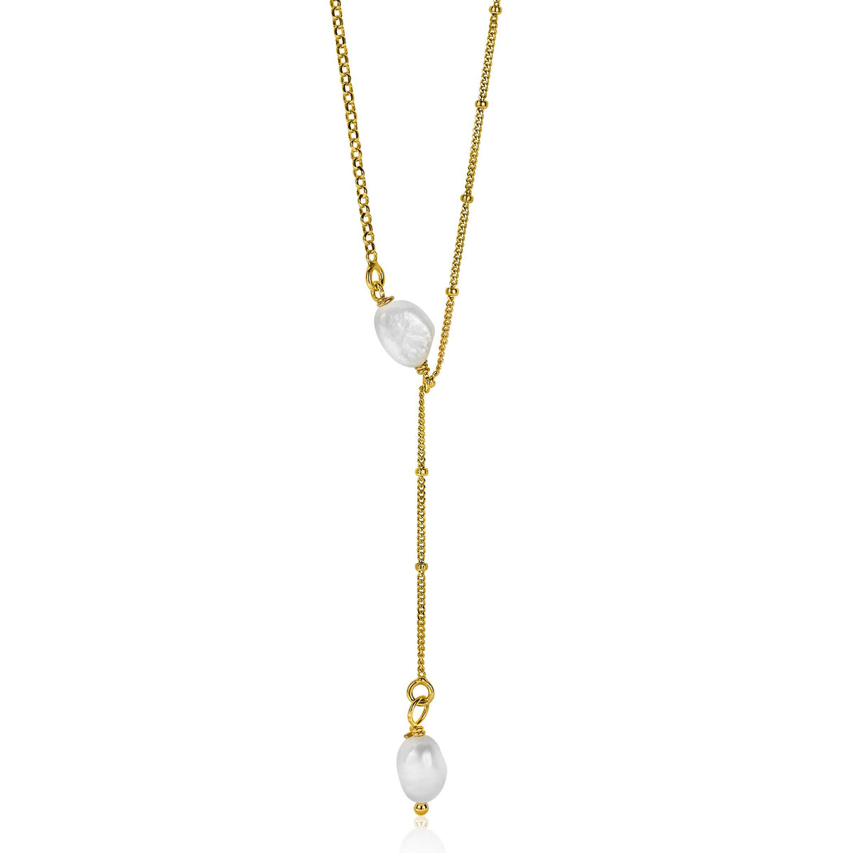 Cadena dorada con perlas y detalles en forma de barra.