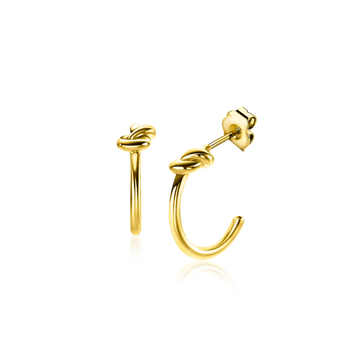 Pendientes de aro dorados con un nudo decorativo en el diseño.