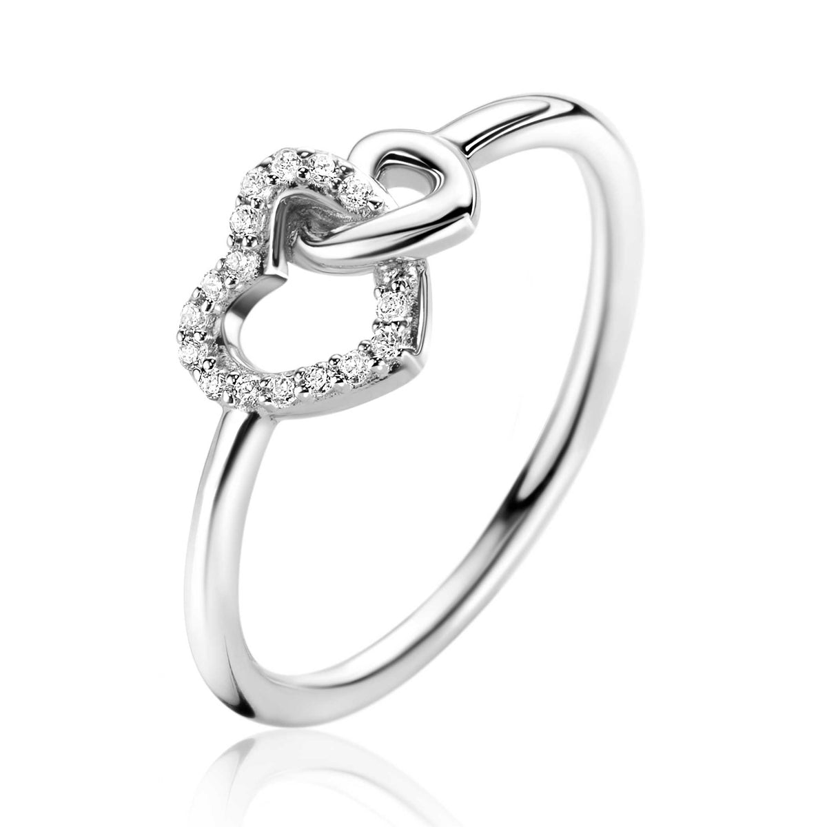 Anillo de plata con diseño de corazones entrelazados y detalles de circonitas.
