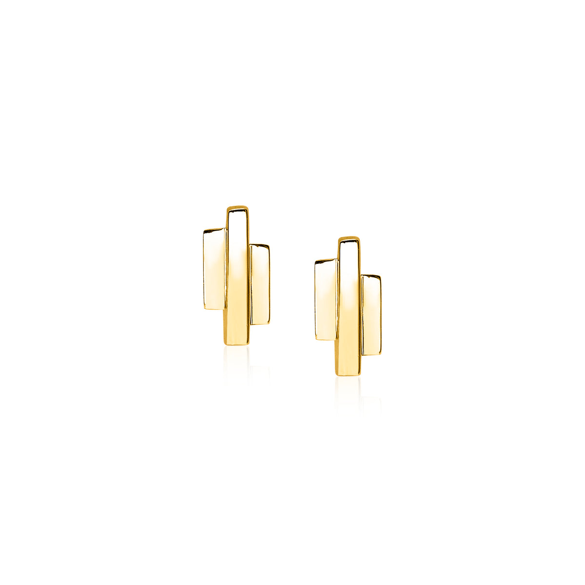 Pendientes de oro con diseño geométrico en forma de cruz, brillantes y modernos.