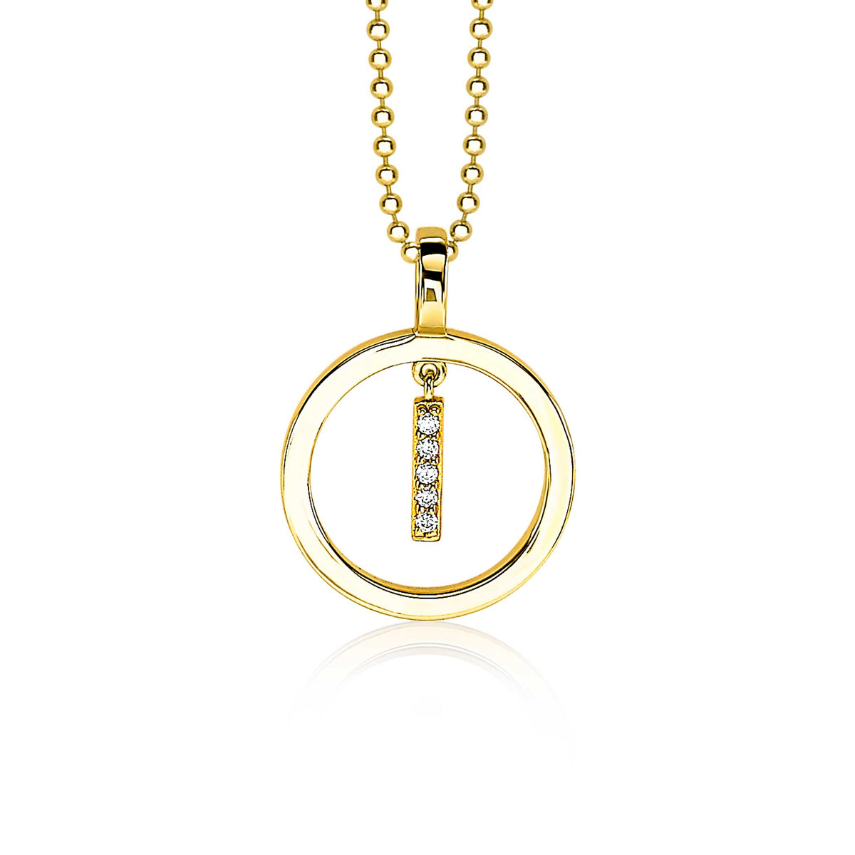 Colgante dorado con un círculo y un rectángulo colgante adornado con piedras brillantes.