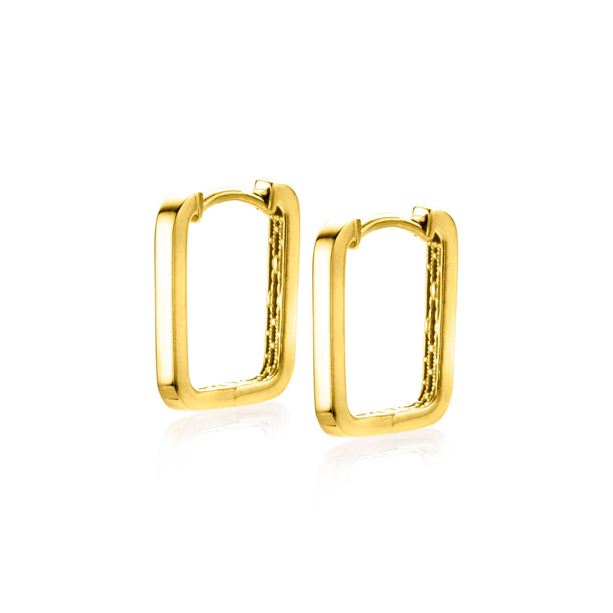 Pendientes de aro dorados con forma rectangular y acabado brillante.