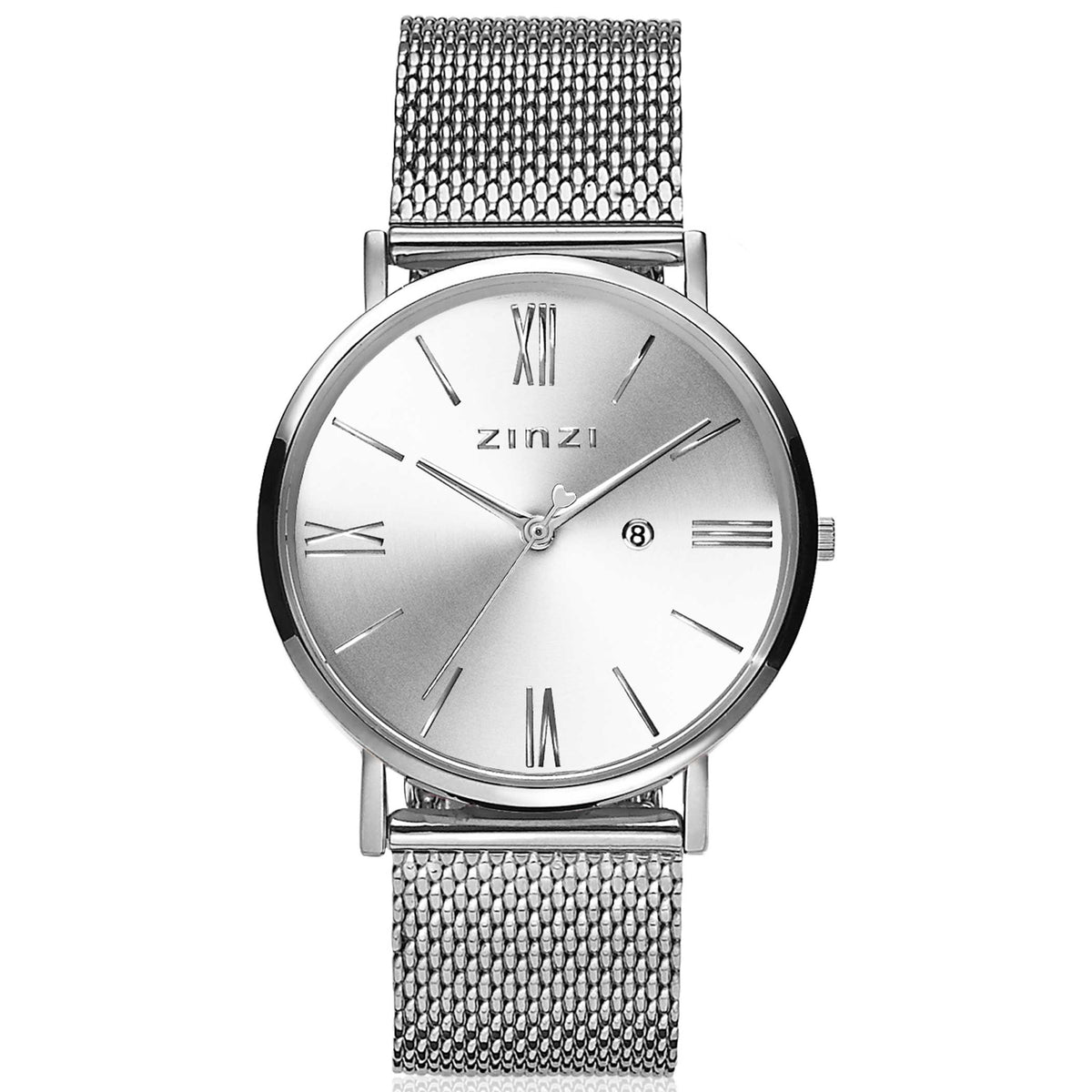 Reloj de acero color plateado con esfera plateada y malla metálica.