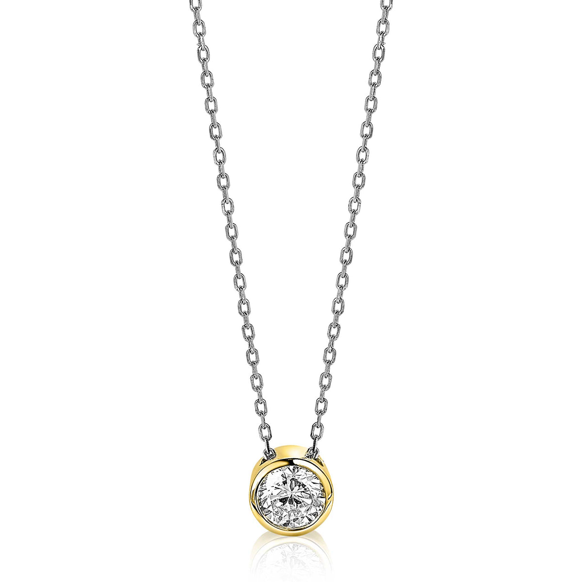 Collar dorado con colgante circular y piedra brillante en el centro.