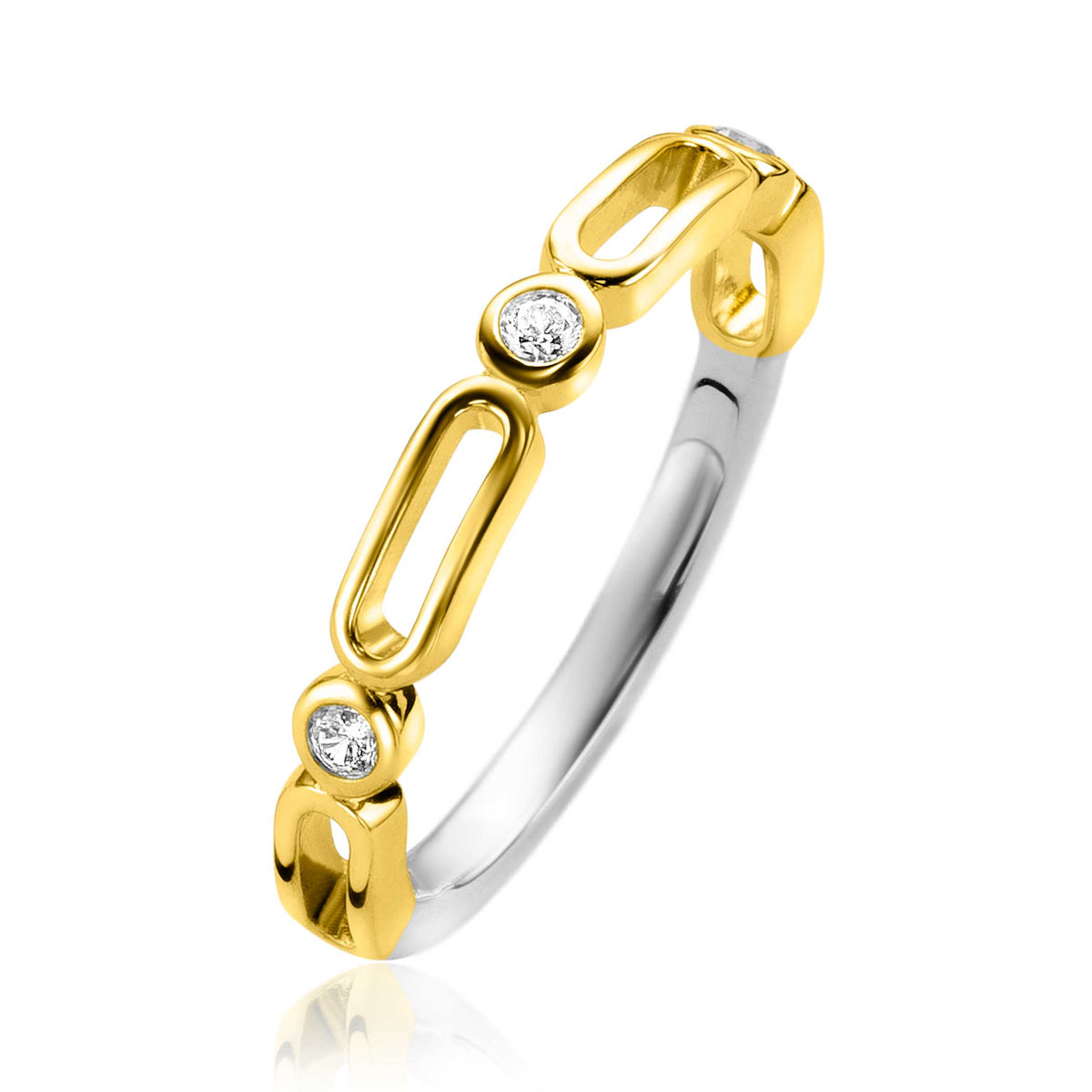 Anillo dorado con detalles plateados y circonitas brillantes.