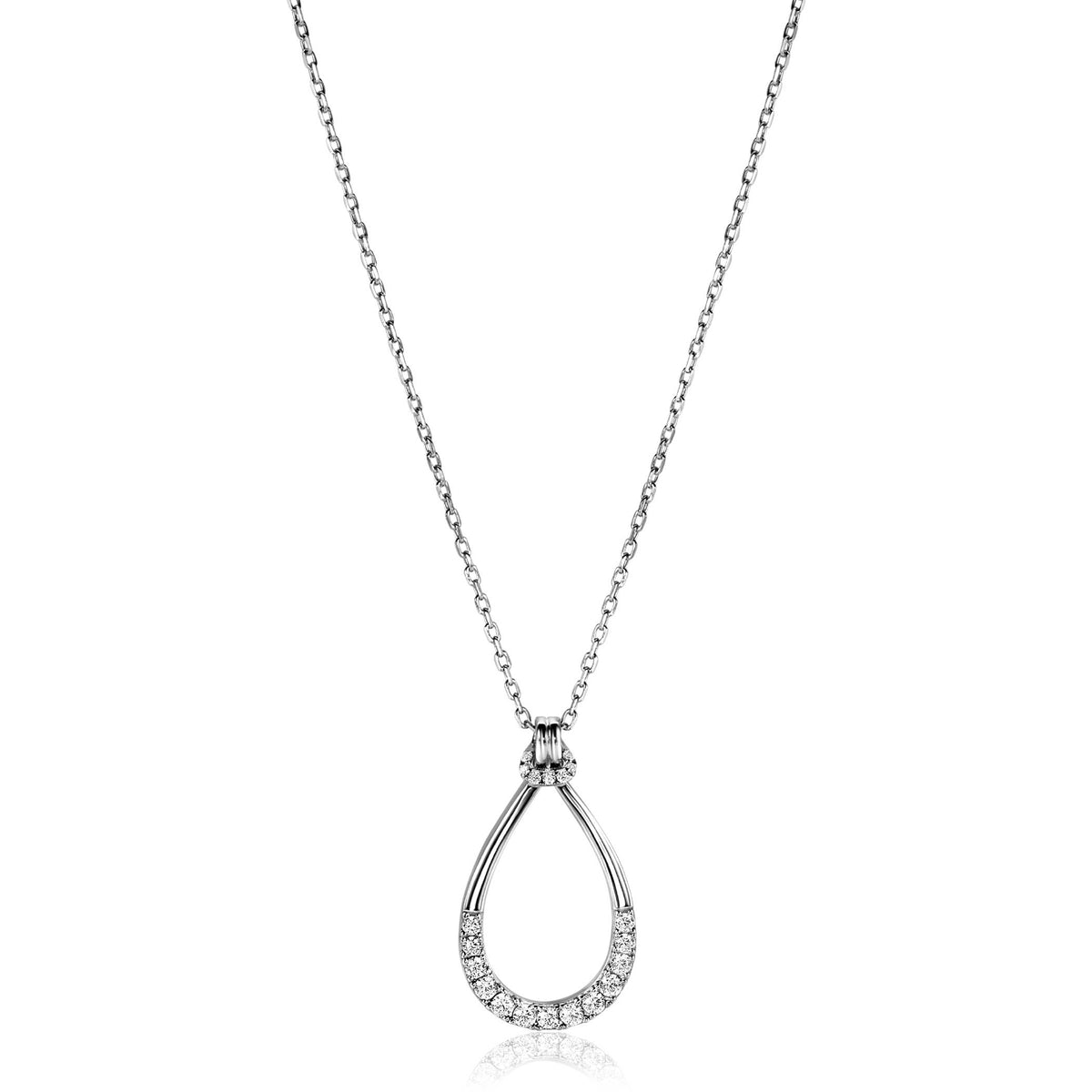 Collar de plata con colgante en forma de gota, adornado con circonitas brillantes.