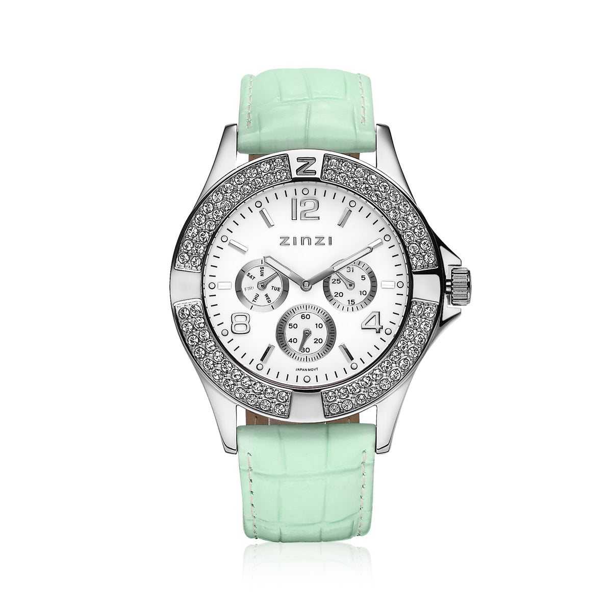 Reloj de acero plateado con esfera blanca y detalles brillantes, correa de cuero sintético verde menta.