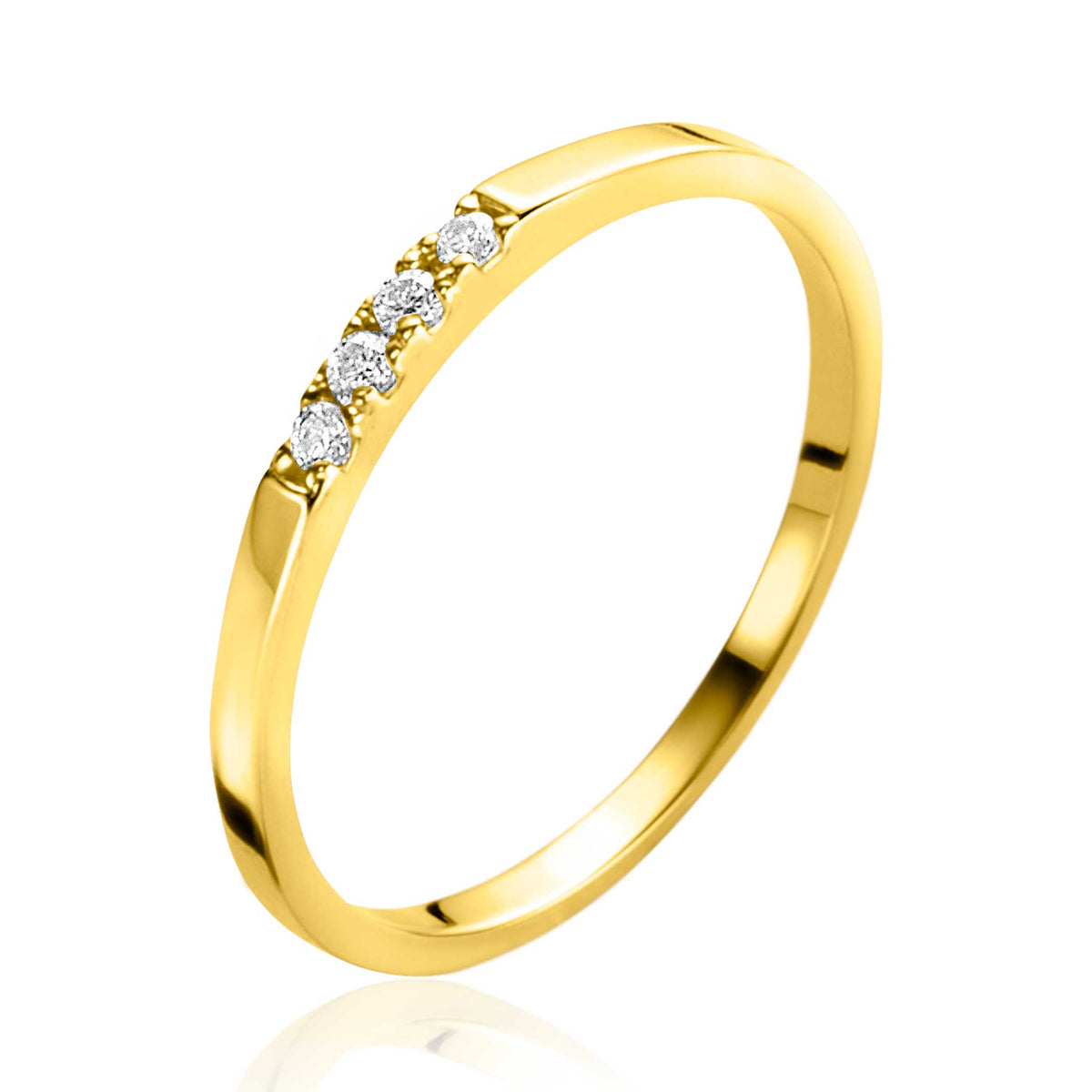 Anillo dorado con cinco piedras brillantes en la parte superior.