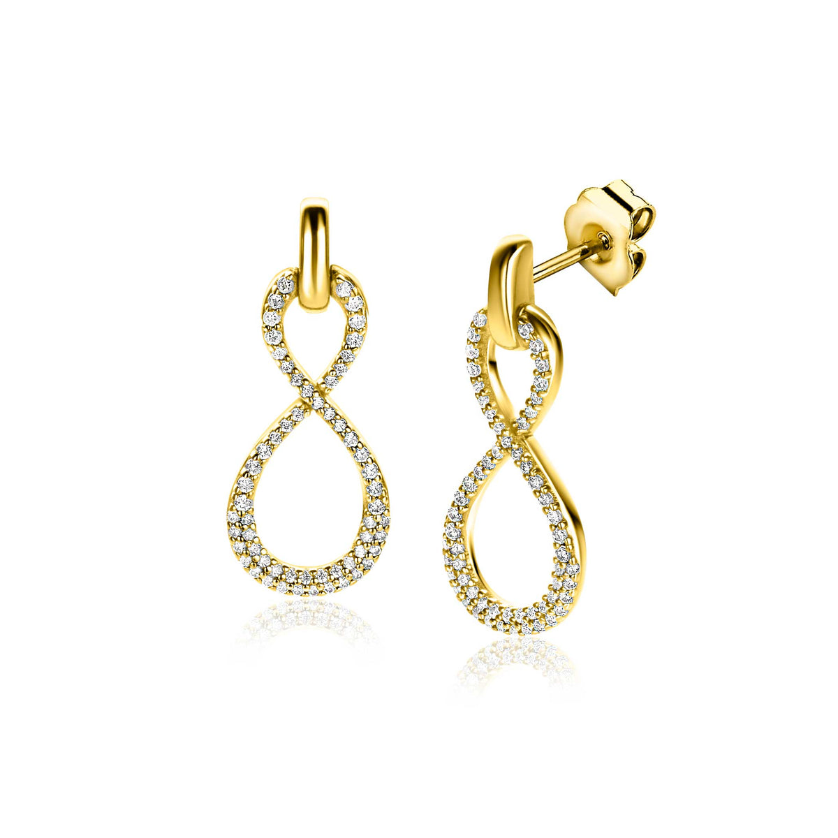 Pendientes de aro dorados con forma de infinito y adornados con circonitas brillantes.