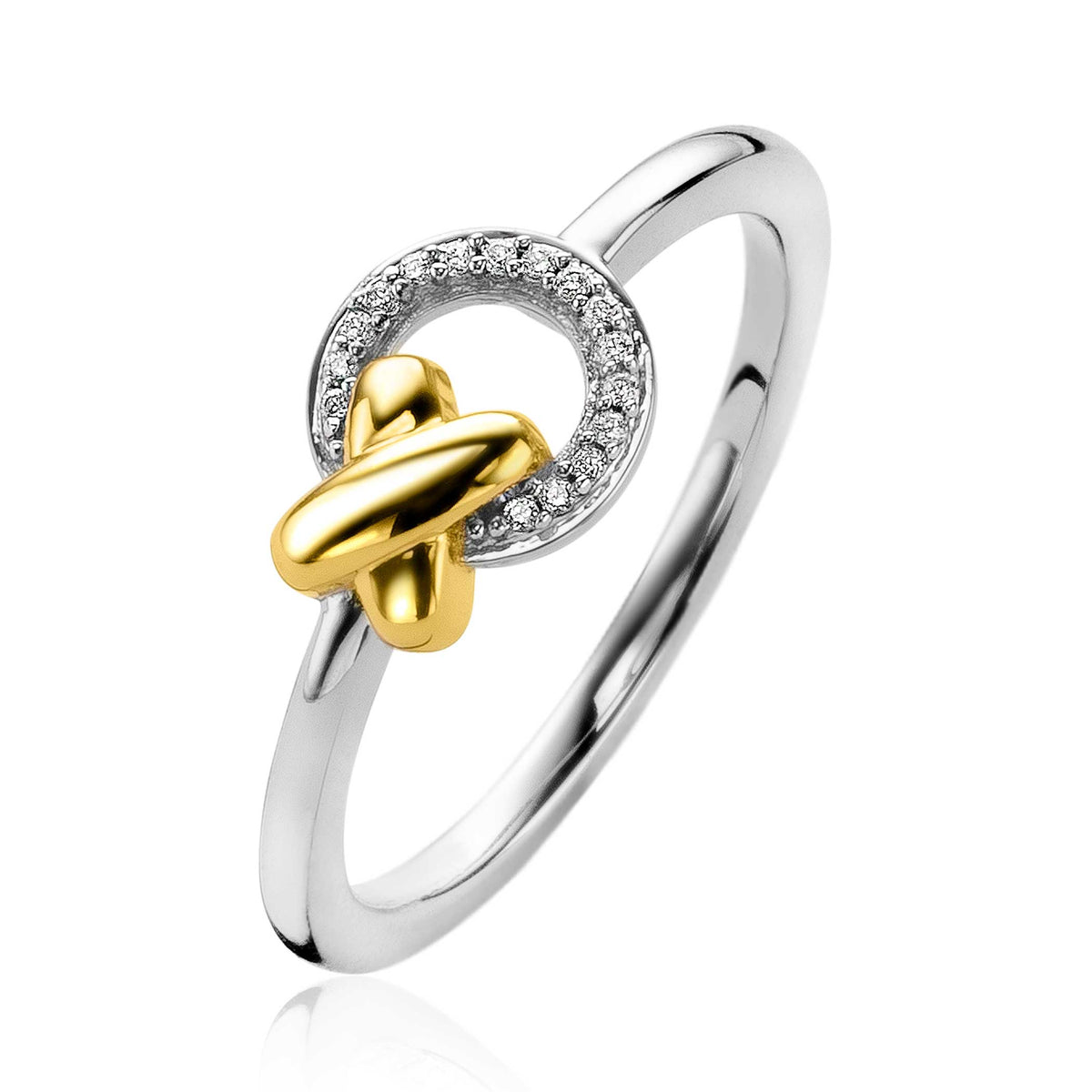 Anillo dorado con detalle plateado y circonitas brillantes.