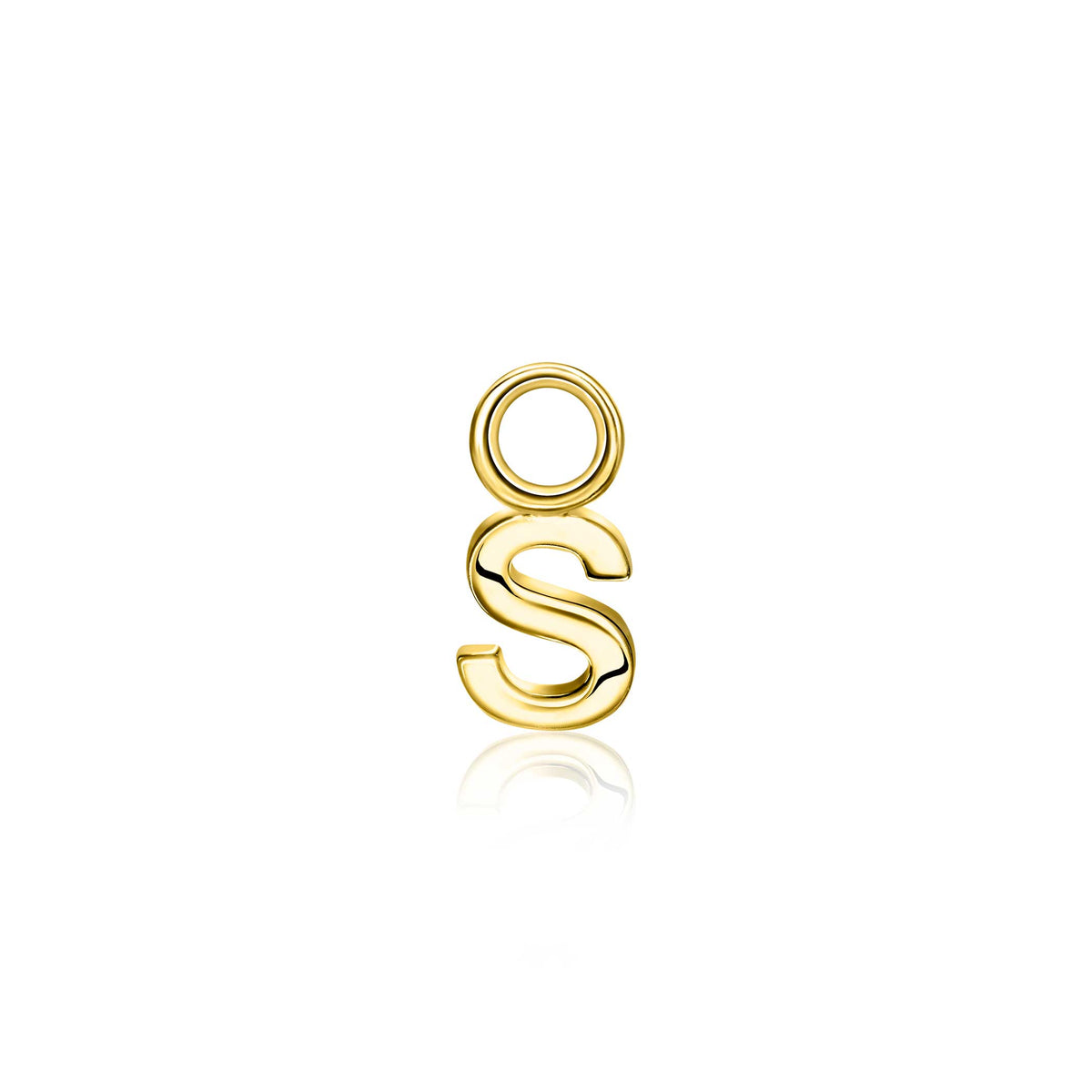 Pendiente dorado con forma de letra "S" y detalle circular en la parte superior.