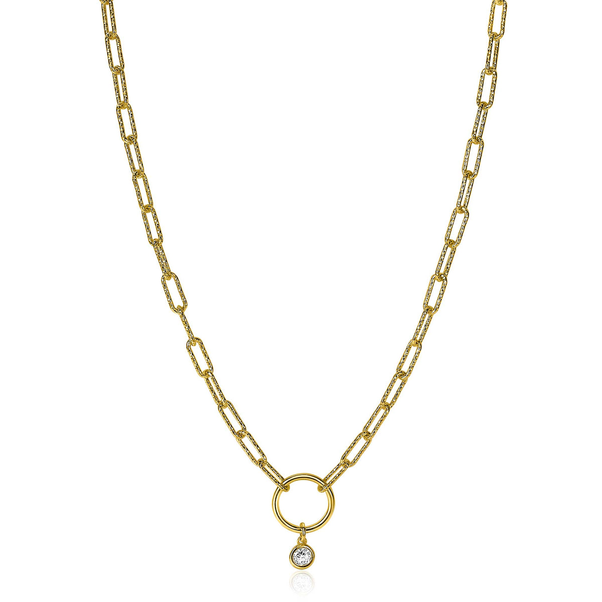 Cadena dorada con eslabones y colgante circular con un cristal brillante.