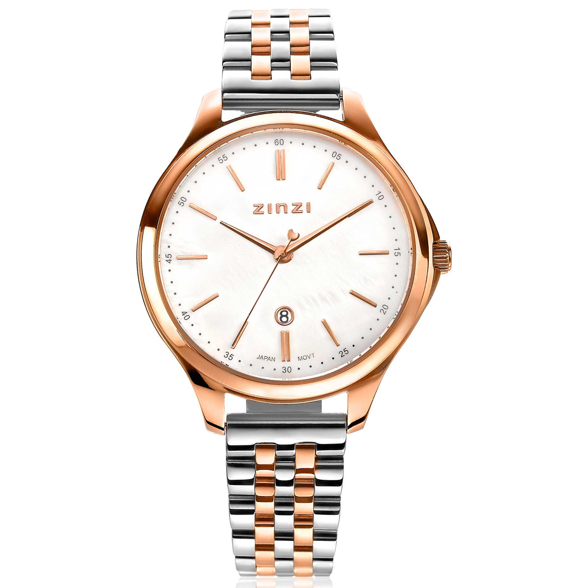 Reloj de acero inoxidable con acabado en oro rosa y plata, esfera blanca y detalles en rosa.