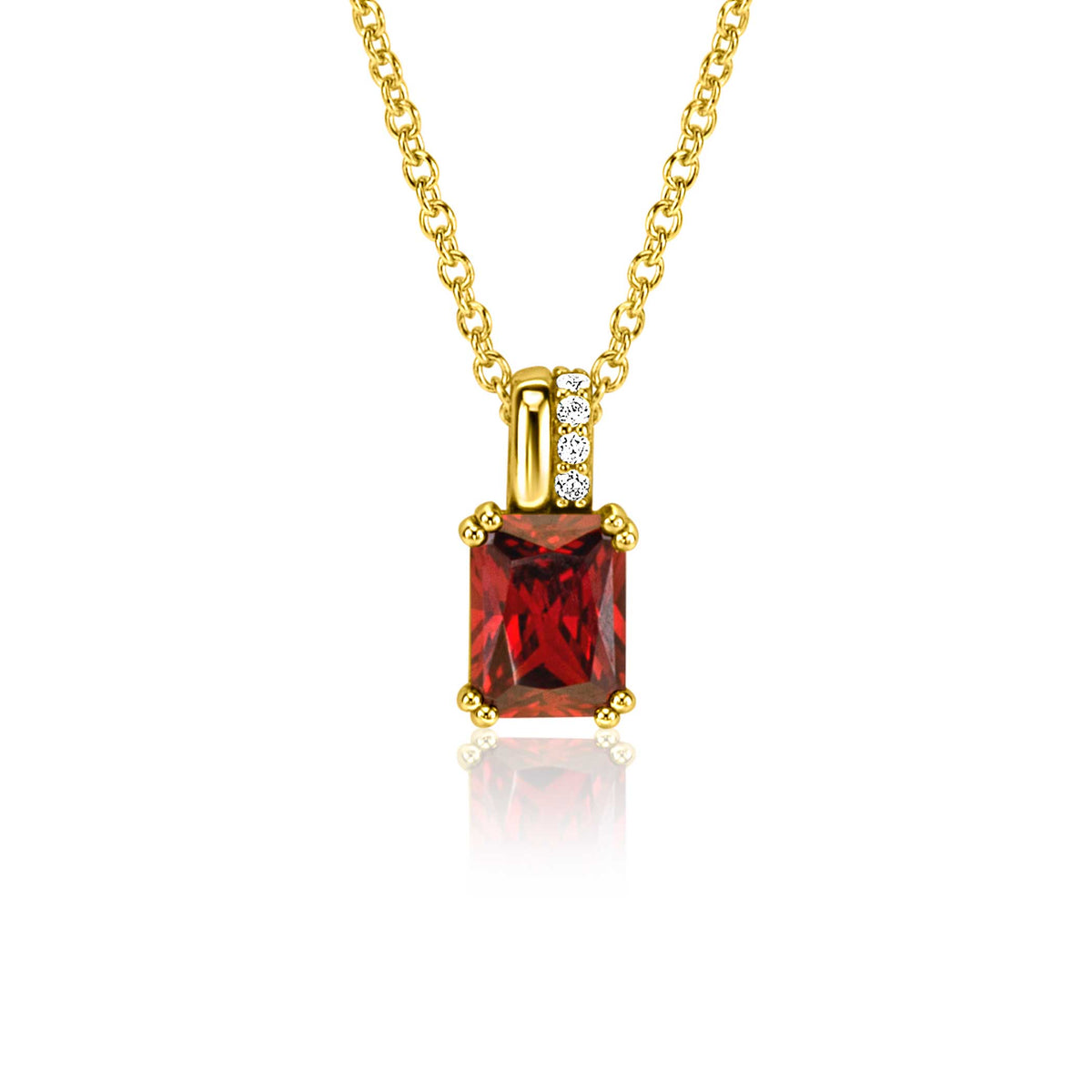 Colgante dorado con piedra roja rectangular y detalles brillantes en la parte superior.
