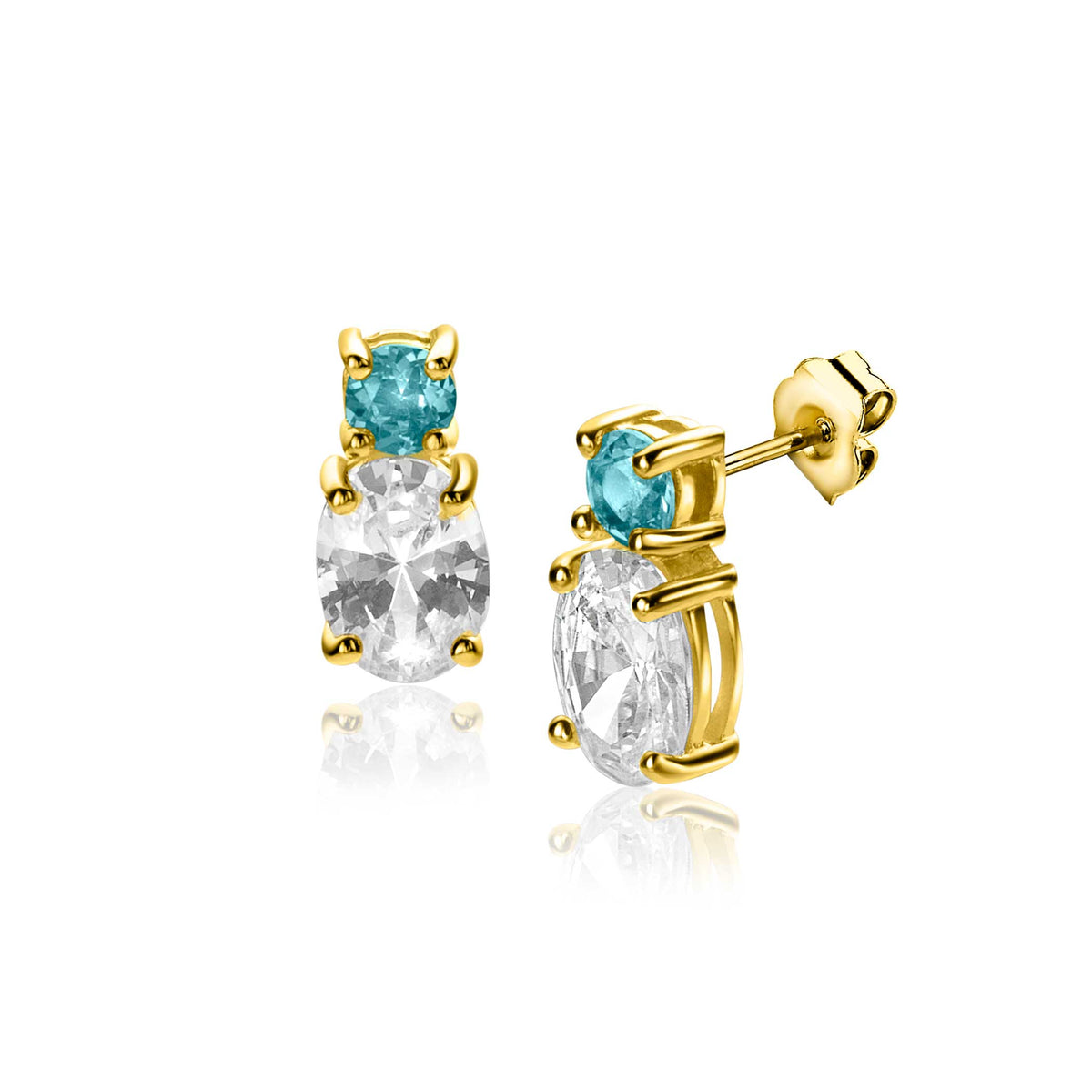 Pendientes de aro dorados con piedras brillantes, una azul y otra transparente.