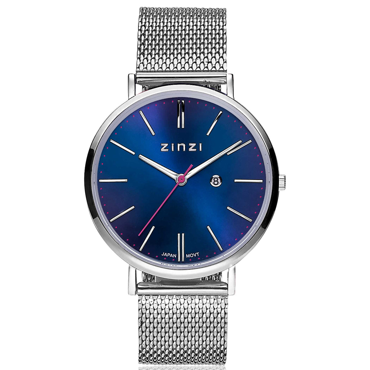 Reloj de acero color plateado con esfera azul y malla milanesa.