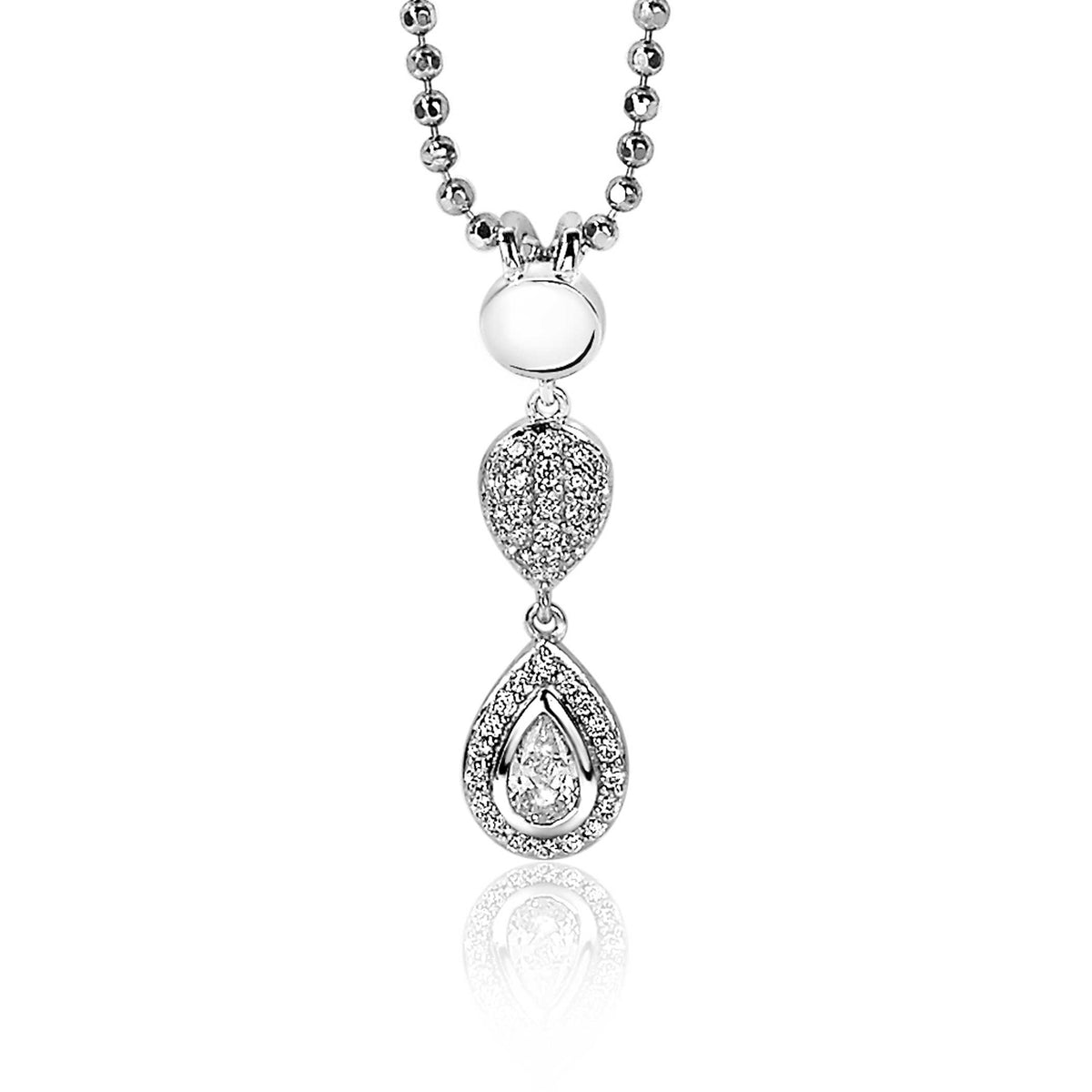 Colgante de plata con forma de gota, adornado con circonitas brillantes.