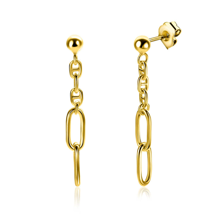 De Zinzi Oorbellen Gold Plated Zio2413 G zijn vergulde oorbellen met een ronde bol en drie onderling verbonden ovale schakels die verticaal hangen.