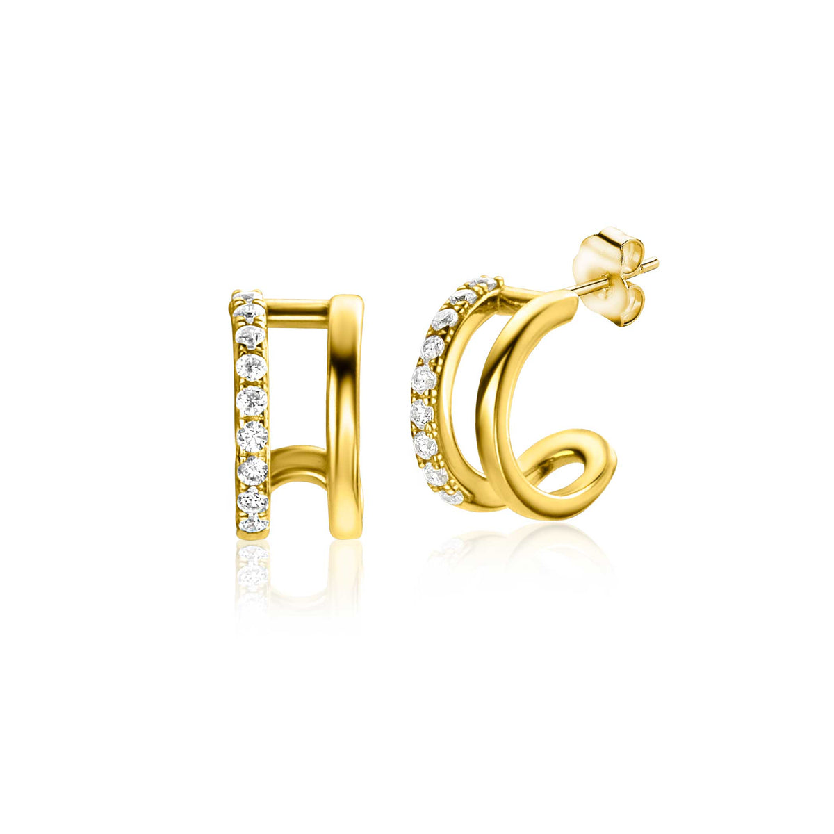 Pendientes de aro dorados con circonitas brillantes en dos filas.