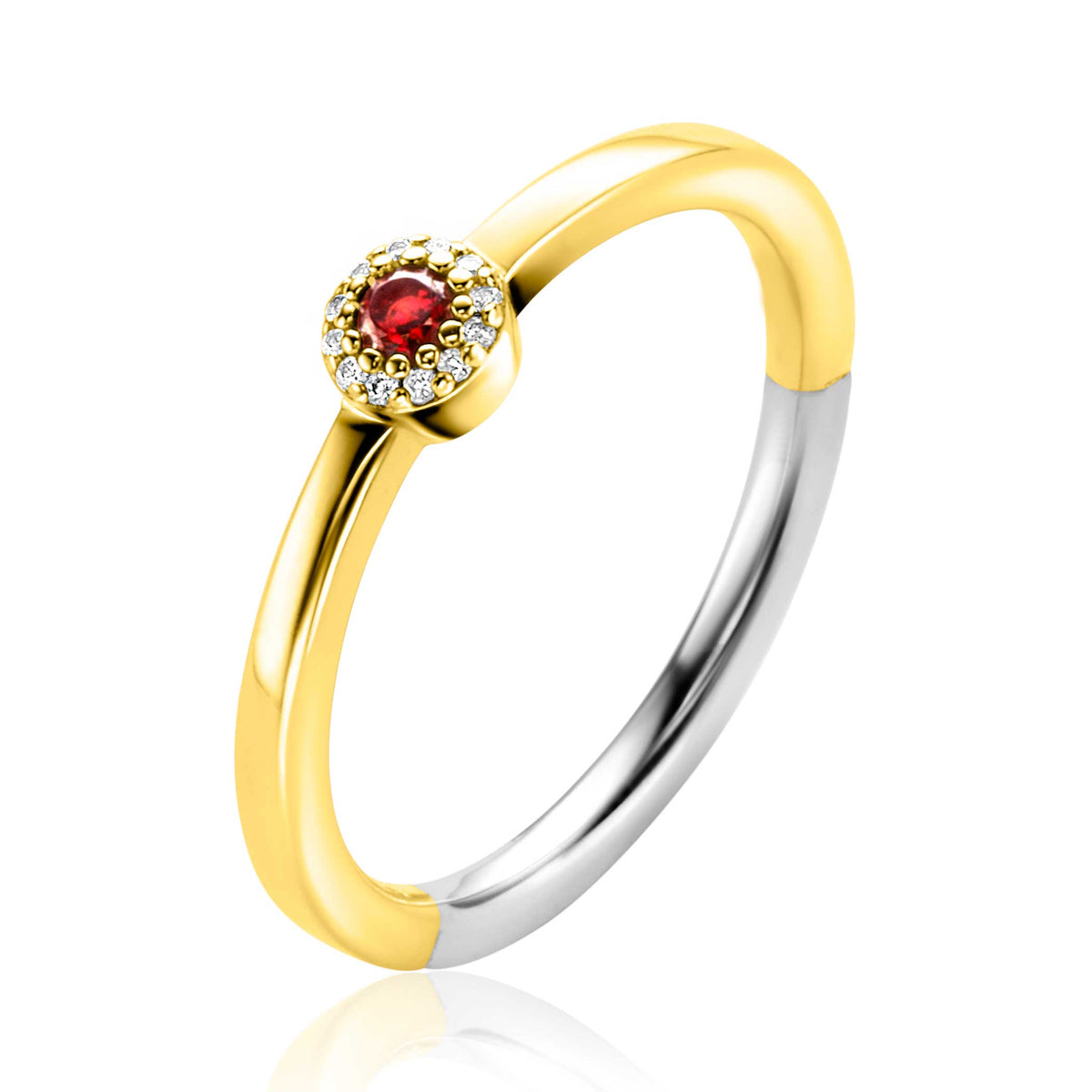 Anillo chapado en oro con un zirconio rojo en el centro y detalles de circonitas.