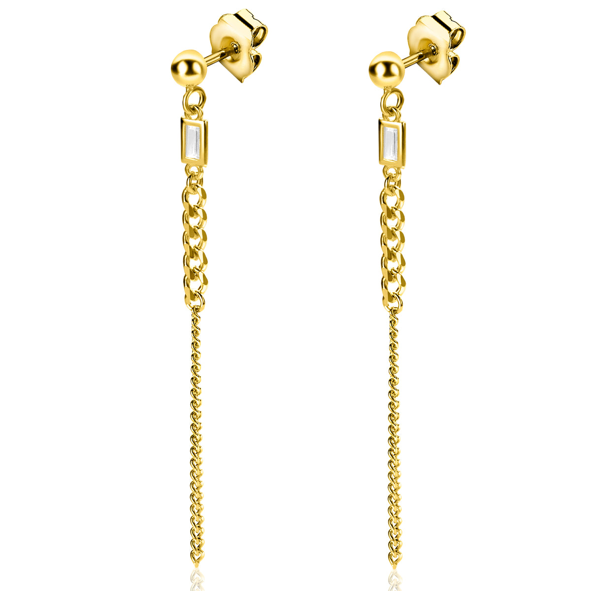 Pendientes largos dorados con cadena y detalle rectangular en el centro.