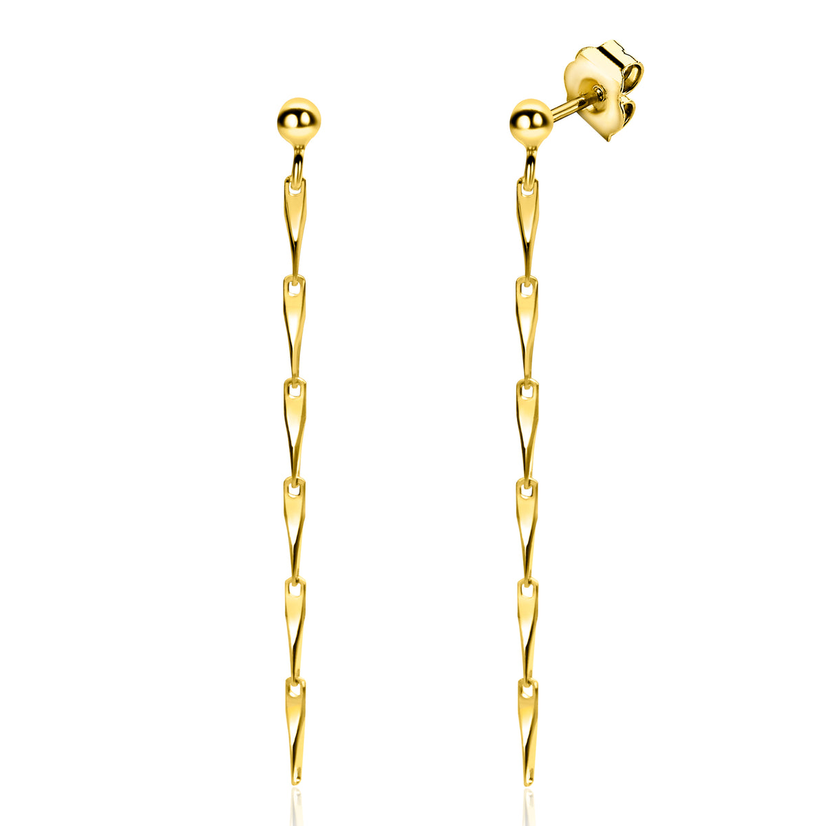 Pendientes largos dorados con forma de eslabones y cierre de presión.