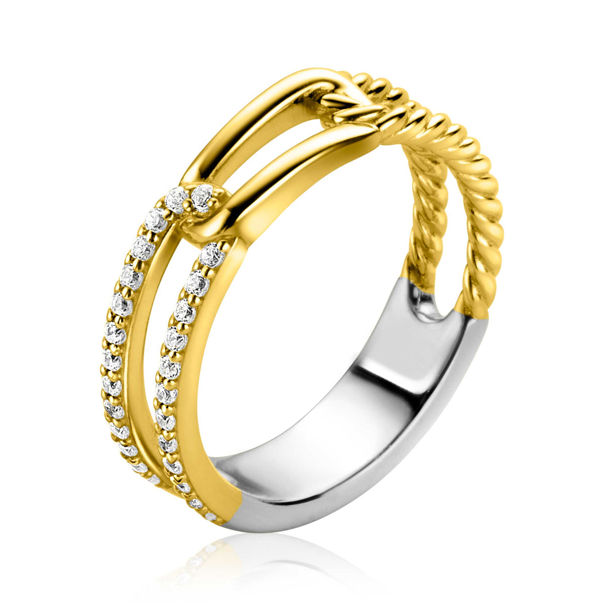 Anillo dorado con detalles en plata y piedras brillantes, diseño trenzado.