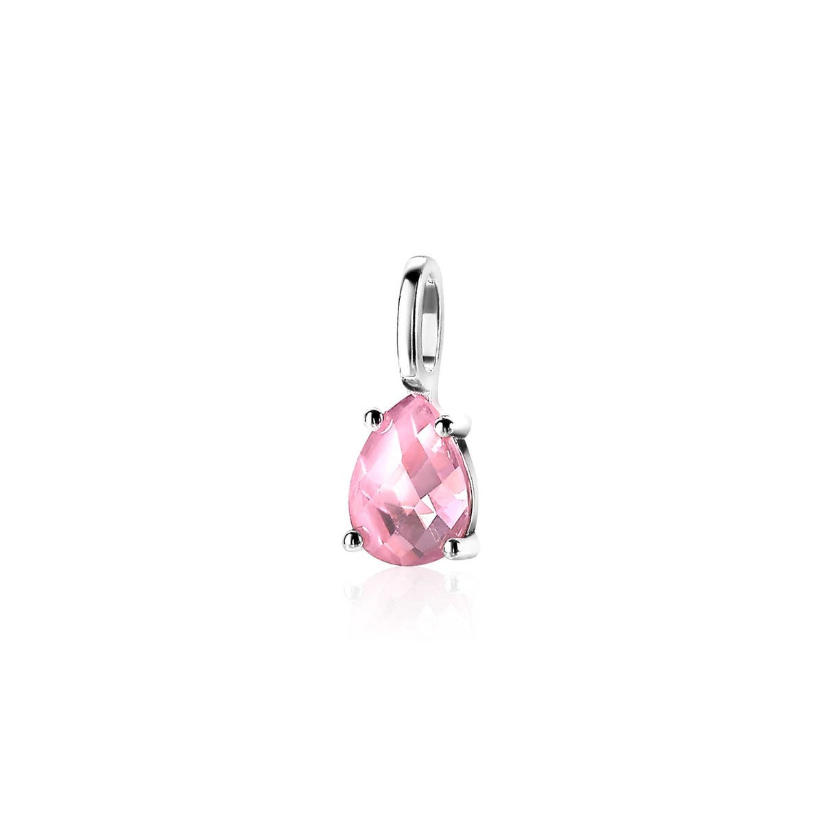 Colgante de plata con forma de gota y piedra rosa facetada.