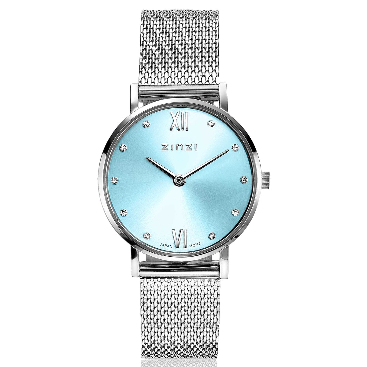 Reloj de acero color plateado con esfera azul y detalles en cristales, correa de malla.