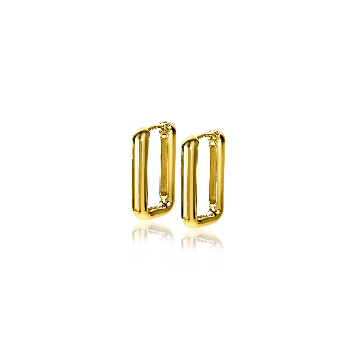 Pendientes de aro dorados con un diseño rectangular y acabado brillante.