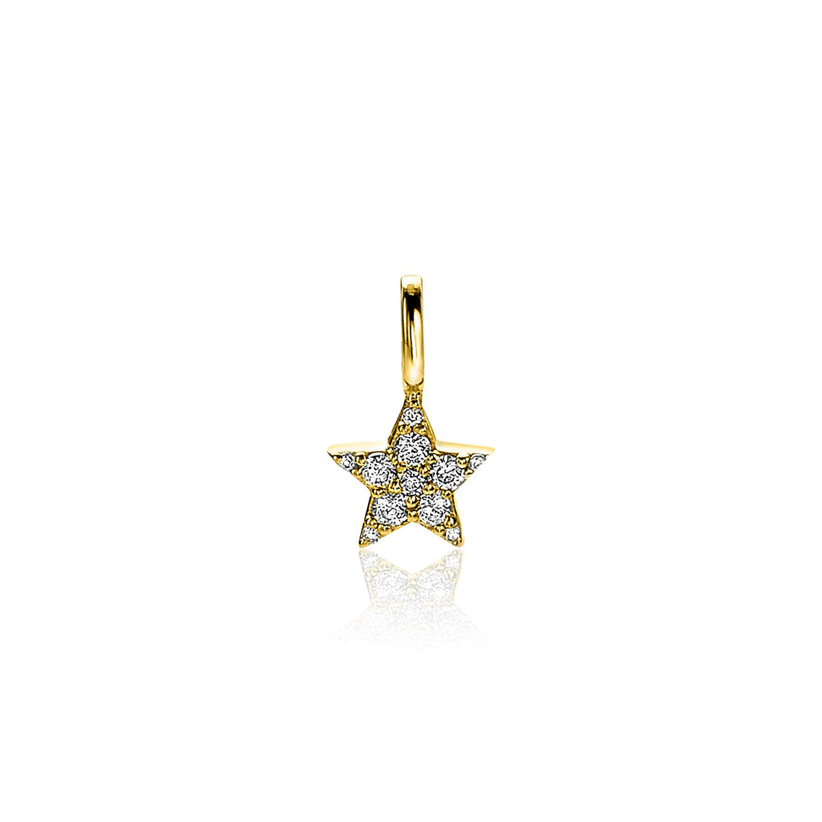 Colgante dorado en forma de estrella con detalles brillantes.